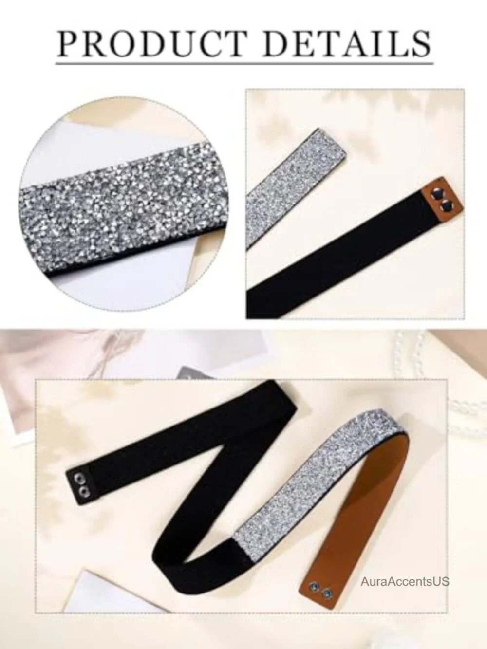 Rhinestone Stretch Waist Belt for Dress Formal PU Leather Silver